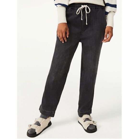 Free Assembly Women’s Washed Black Denim Joggers Elastic Waistsband Pants New - Picture 2 of 11